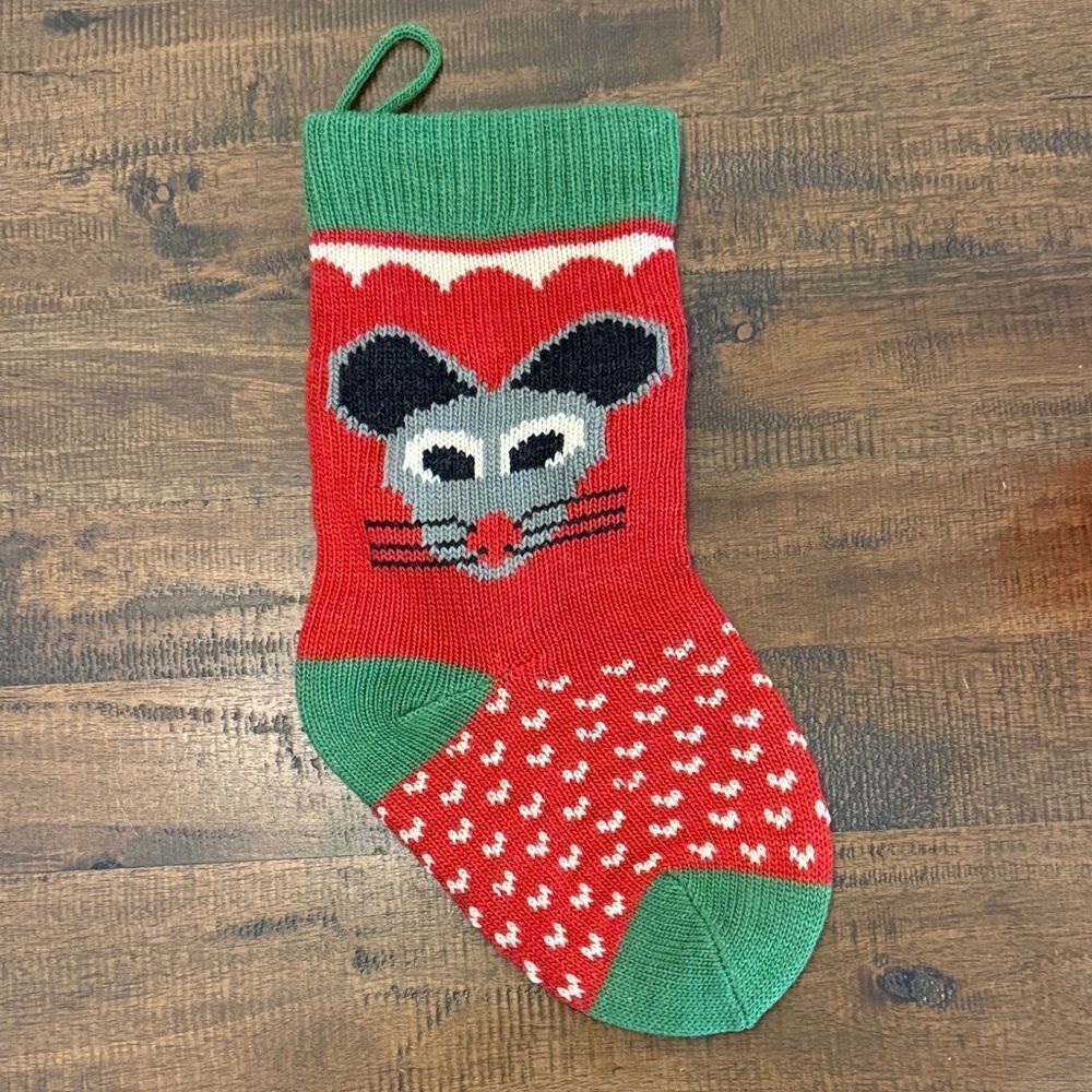 Knitted Red and Green Mouse Christmas Stocking Double Sided